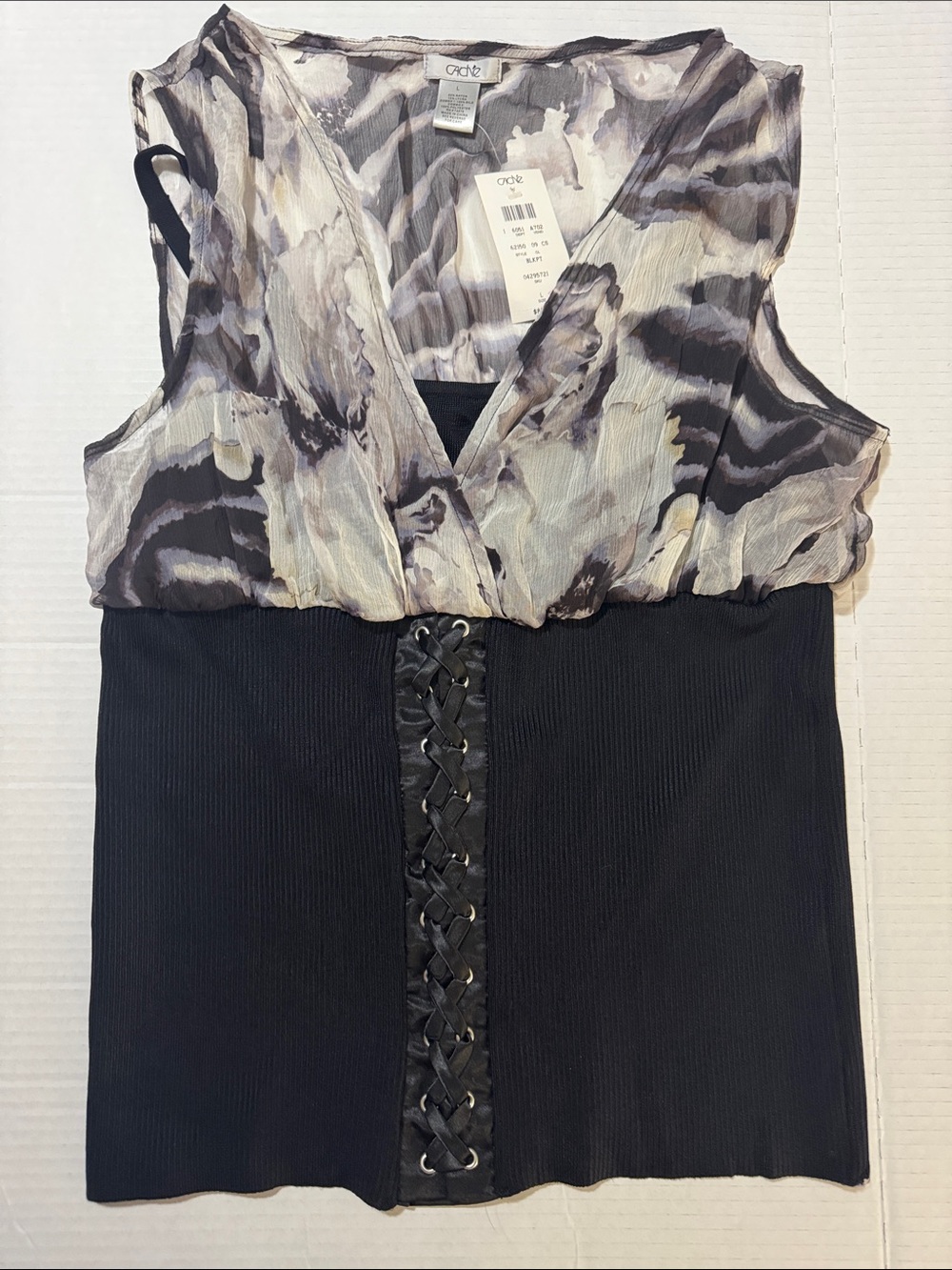 NWT Vintage CACHÉ Y2K Lace Up Corset Top Chiffon Abstract Sweetheart Bodice 222